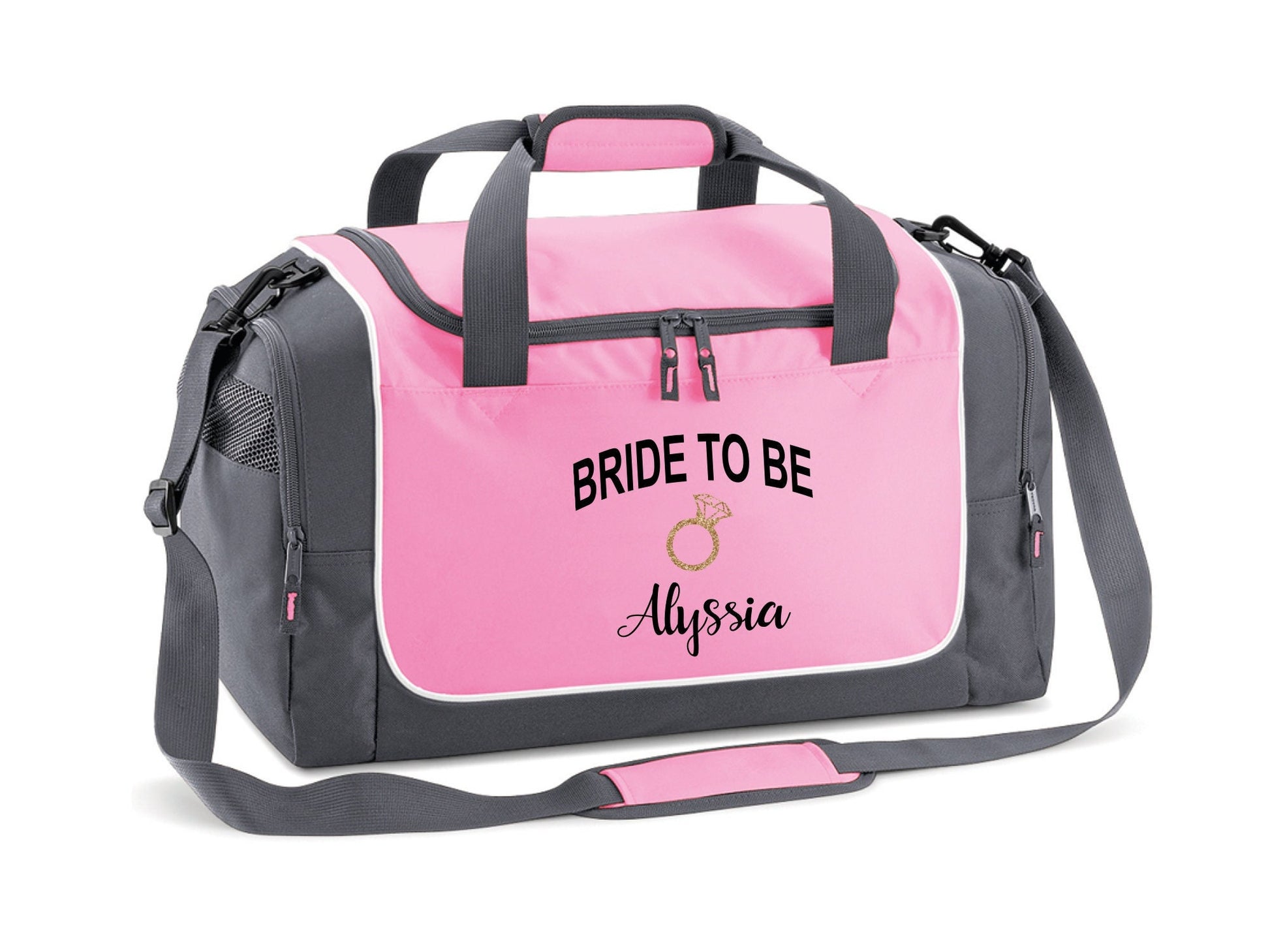 Personalised bride-to-be weekend bag in pink and grey with custom name and gold glitter ring design