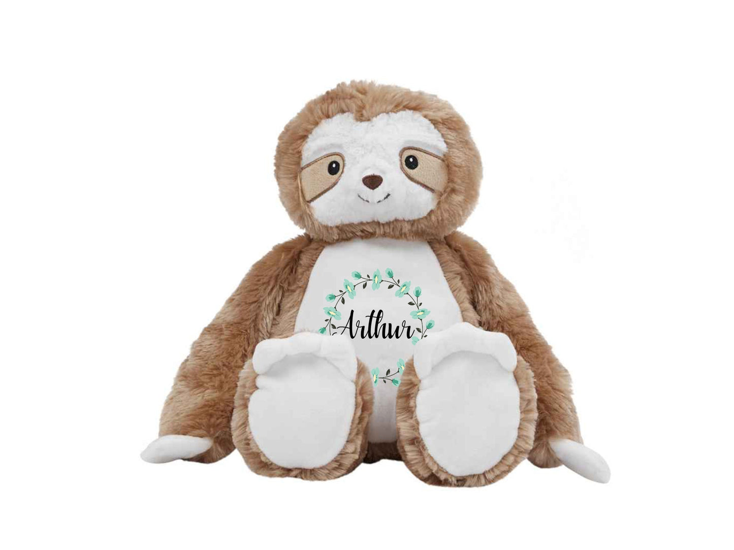 Personalised sloth teddy with floral wreath and custom name printed on belly, cuddly baby gift