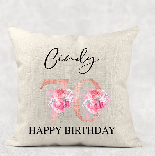 Personalised 70th birthday rose gold floral cushion with custom name, any age available