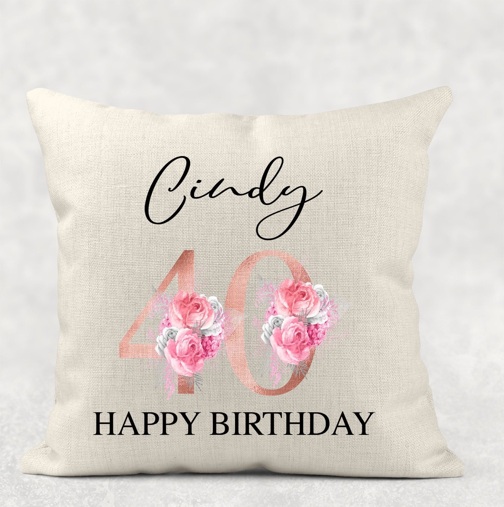 Personalised 40th birthday cushion with rose gold and pink floral design, milestone gift