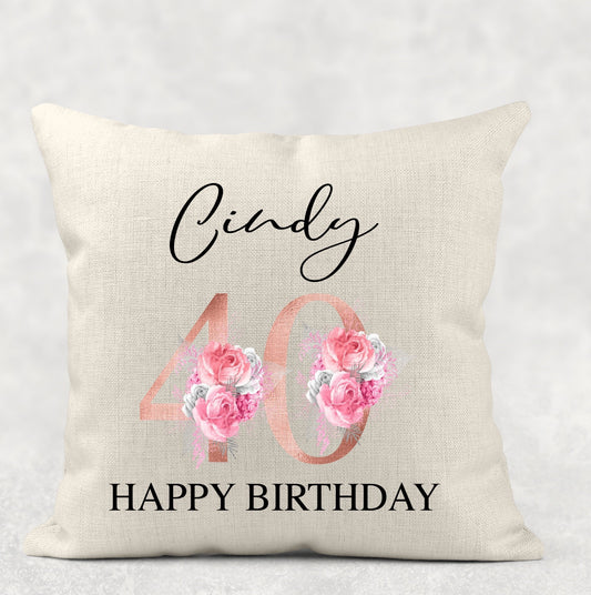 Personalised 40th birthday cushion with rose gold and pink floral design, milestone gift