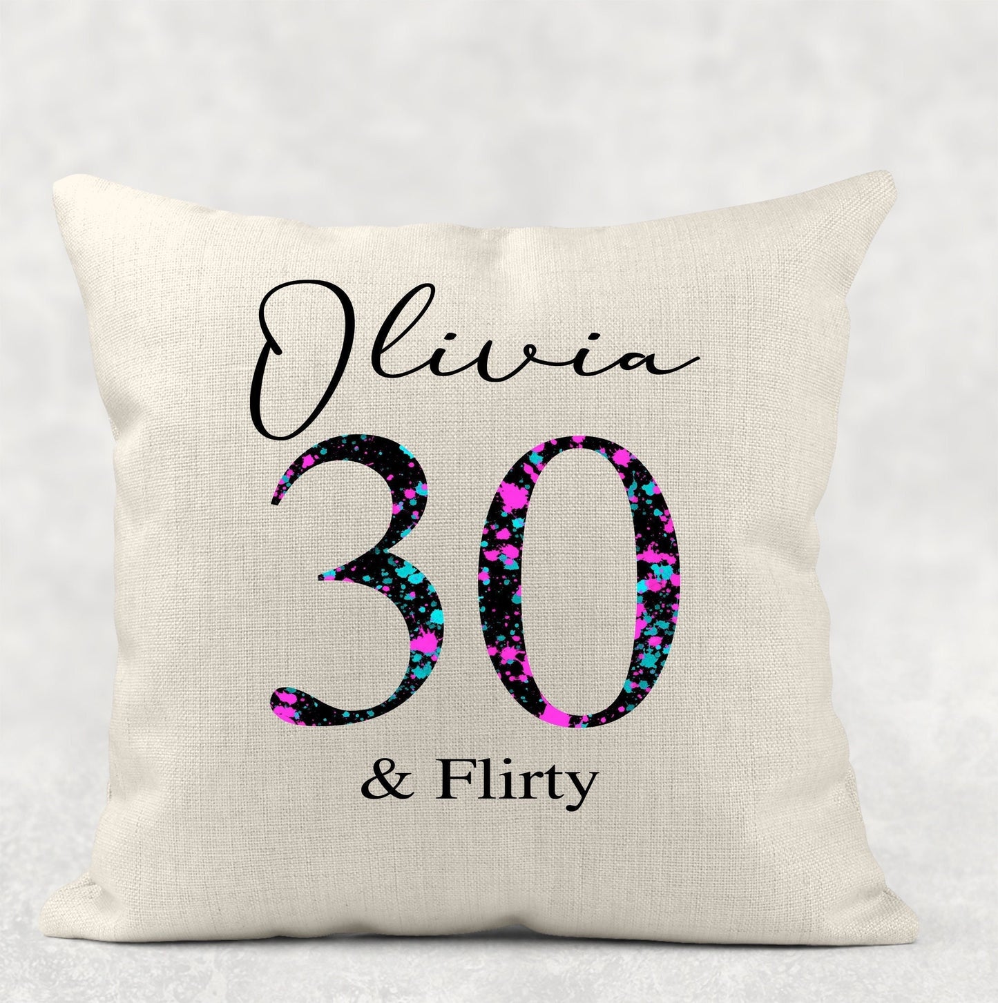 Personalised neon multicoloured splatter birthday cushion with concealed zip