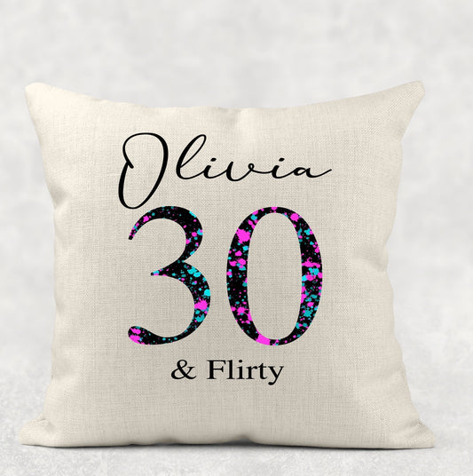 Personalised neon multicoloured splatter birthday cushion with concealed zip