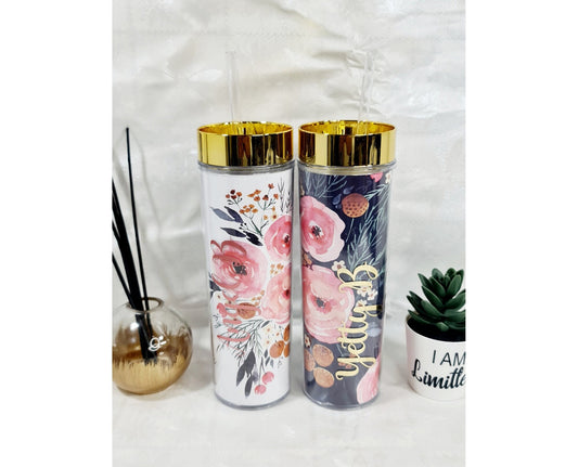 Personalised metallic gold floral tumbler cup with straw and custom name