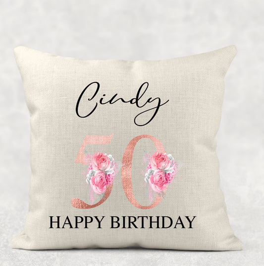 Personalised rose gold and pink floral birthday cushion with custom name and age