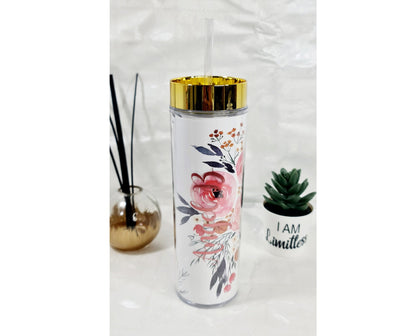 Close-up of personalised name on gold floral BPA-free acrylic tumbler