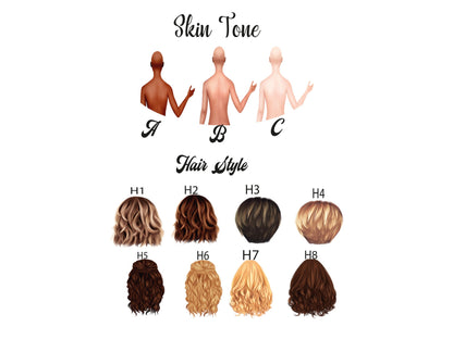 Custom illustration graduation gift bags showing different skin tone and hairstyle options