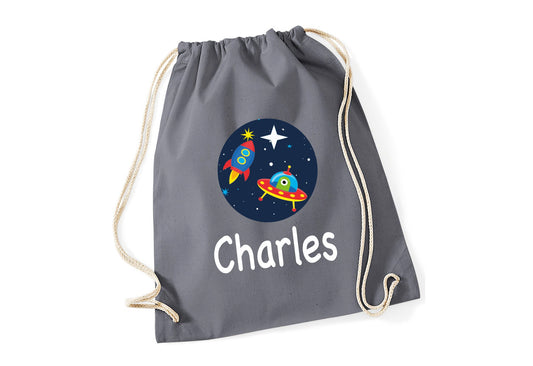 Space rocket gym bags in multiple colours showing personalised name design