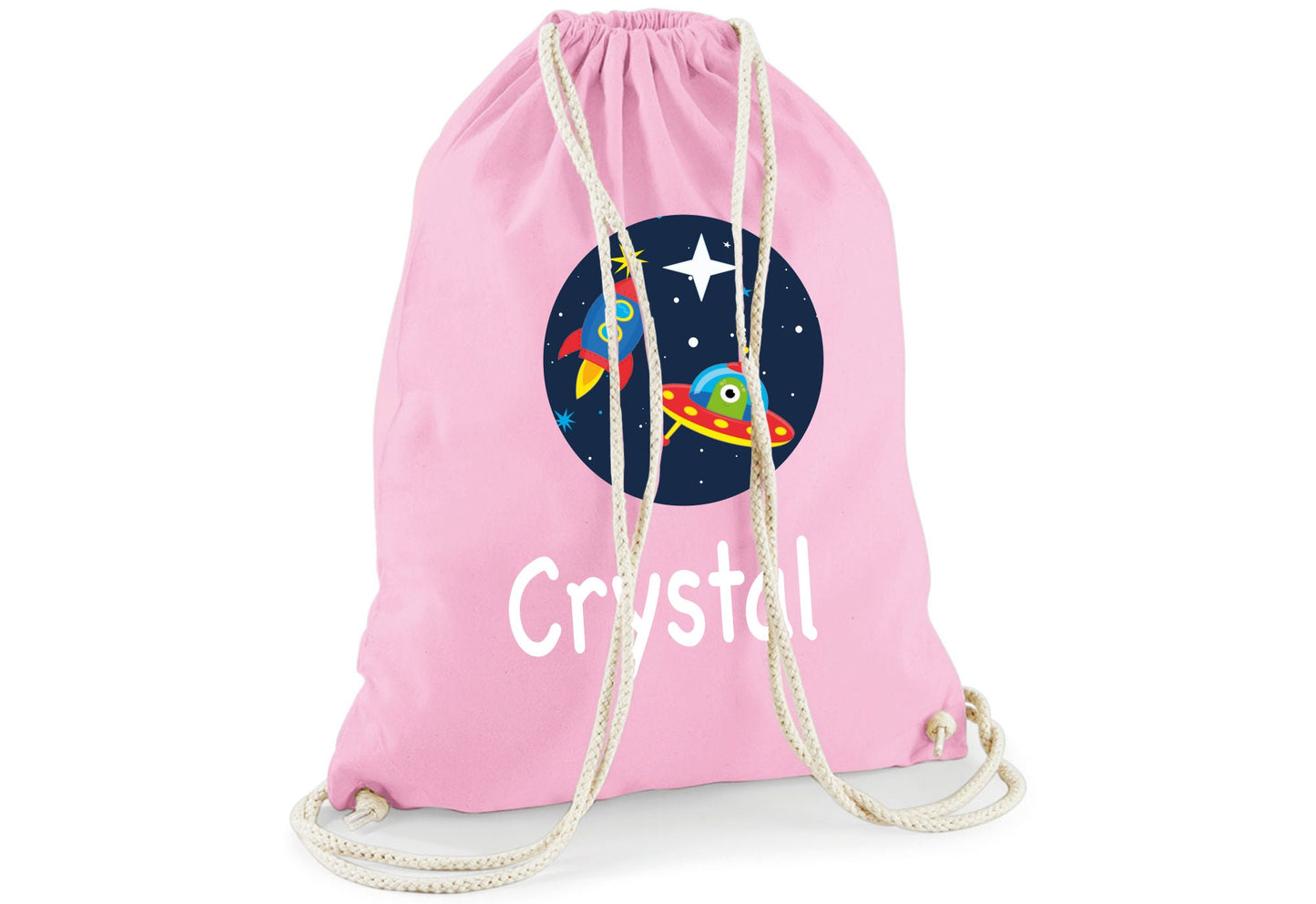 Personalised cotton space gym bag showing drawstring closure and galaxy design detail