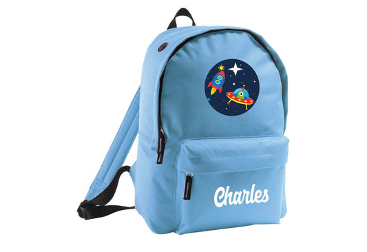 Personalised space-themed school backpack with galaxy design and custom name for kids