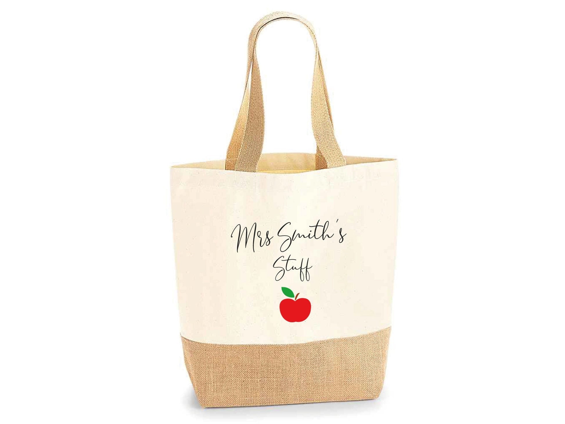 Personalised Teacher Stuff cotton canvas tote bag with apple design and custom name