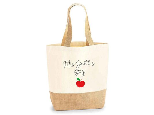 Personalised Teacher Stuff cotton canvas tote bag with apple design and custom name