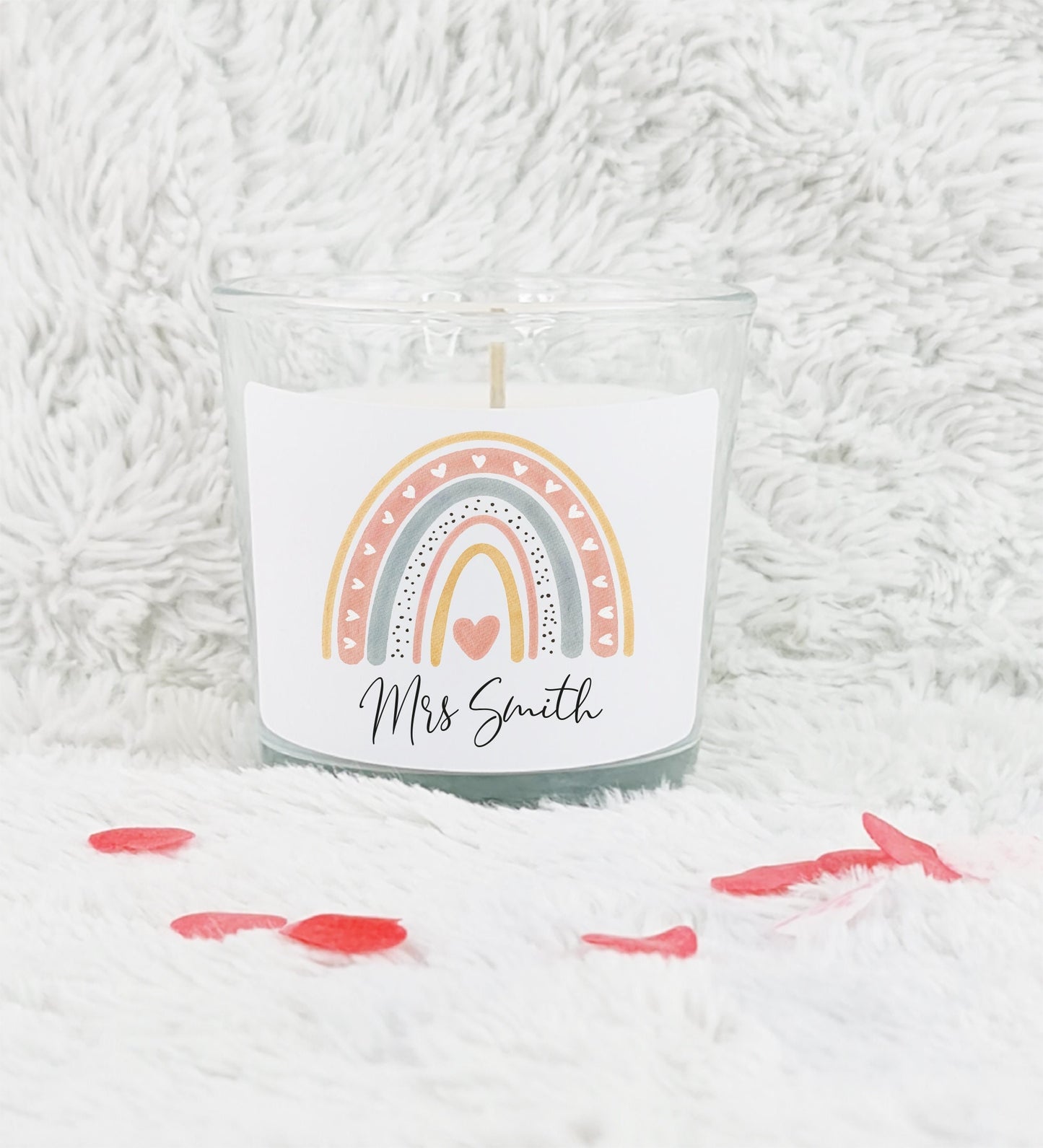 Personalised vanilla-scented rainbow candle with pastel design and custom name