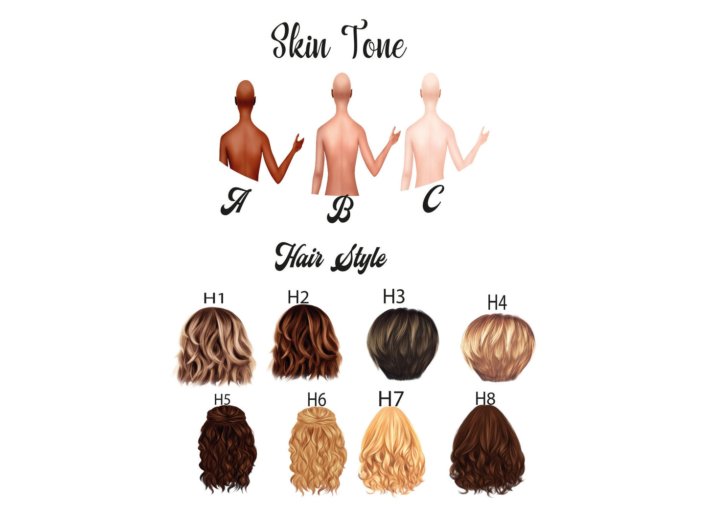 Custom illustration graduation box showing different hairstyle and skin tone options