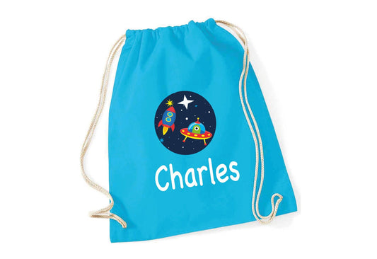 Personalised space-themed gym drawstring bag with rocket design and custom name