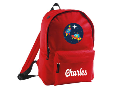 Personalised space backpacks in multiple colours showing galaxy rocket design
