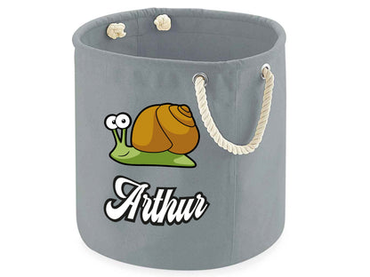 Personalised snail toy storage bag in cotton canvas with custom name for playroom