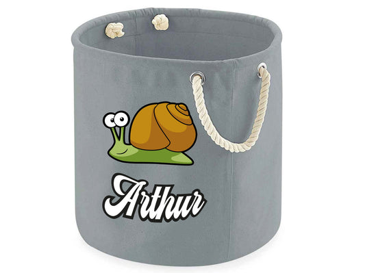 Personalised snail toy storage bag in cotton canvas with custom name for playroom
