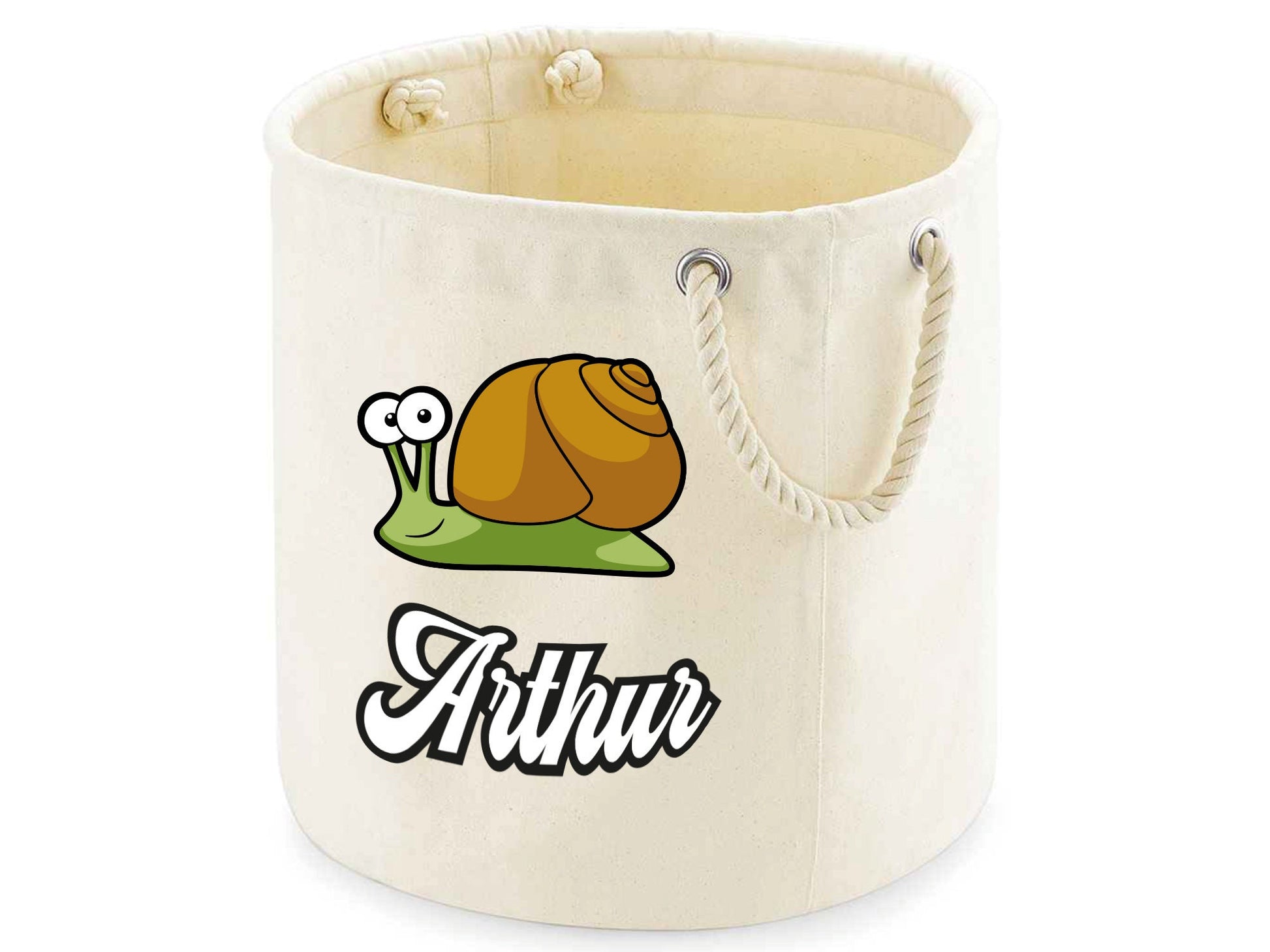 Snail themed toy storage bags in natural and grey showing size options