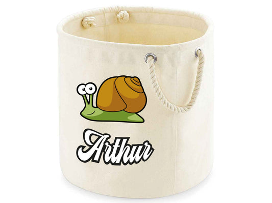 Snail themed toy storage bags in natural and grey showing size options
