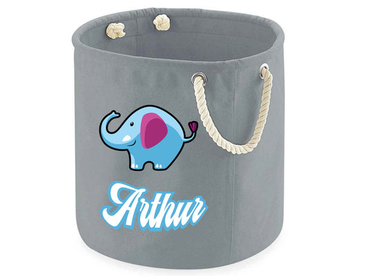 Personalised elephant storage bags in natural and grey showing size options