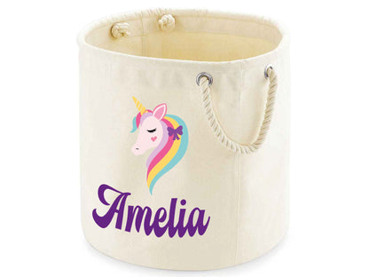 Personalised unicorn toy storage bag in cotton canvas with custom name for playroom