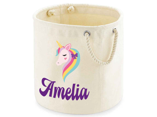 Personalised unicorn toy storage bag in cotton canvas with custom name for playroom