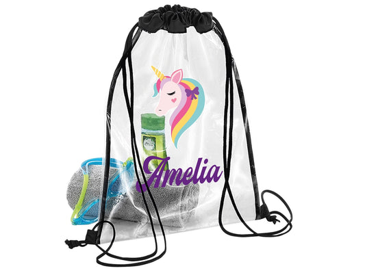 Personalised waterproof unicorn swimming bag with custom name, transparent TPU material for kids