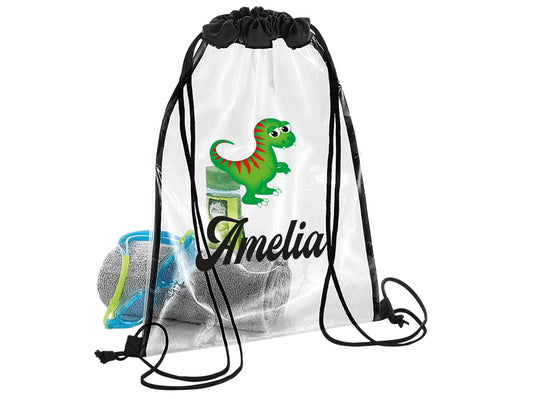 Personalised waterproof dinosaur swimming bag with colourful dino design and custom name for kids