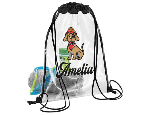 Personalised waterproof swimming bag with colourful pup design and custom name for kids