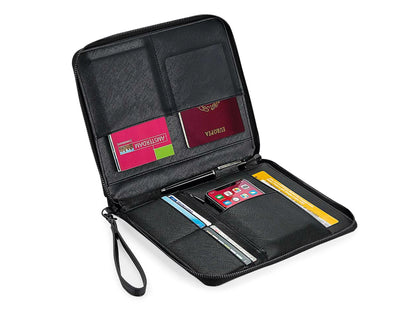 Interior of personalised travel organiser showing card slots and zip compartment