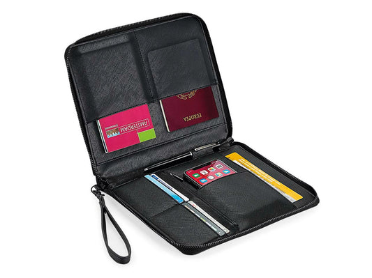 Interior view of personalised travel organiser showing card slots and document storage