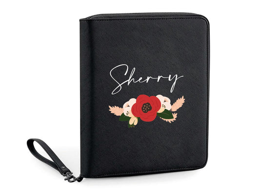 Personalised black vegan leather travel organiser with custom name and Saffiano grain