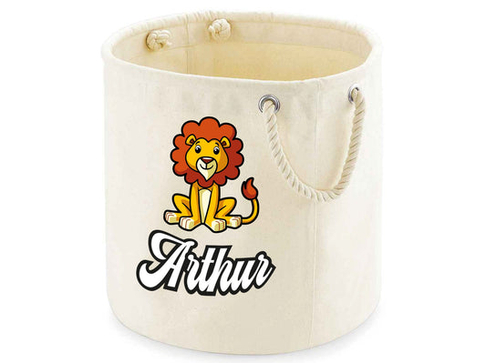 Personalised safari jungle toy storage bag with animal design and custom name for kids playroom
