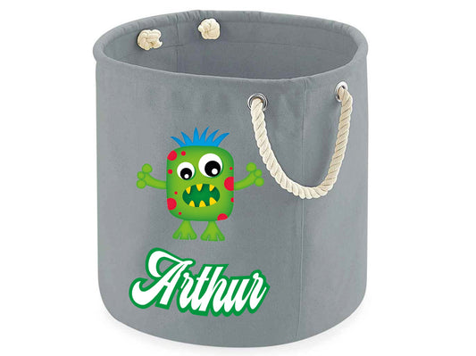 Monster themed toy storage bags in natural and grey showing size options