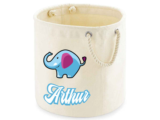Personalised elephant toy storage bag in cotton canvas with custom name for playroom