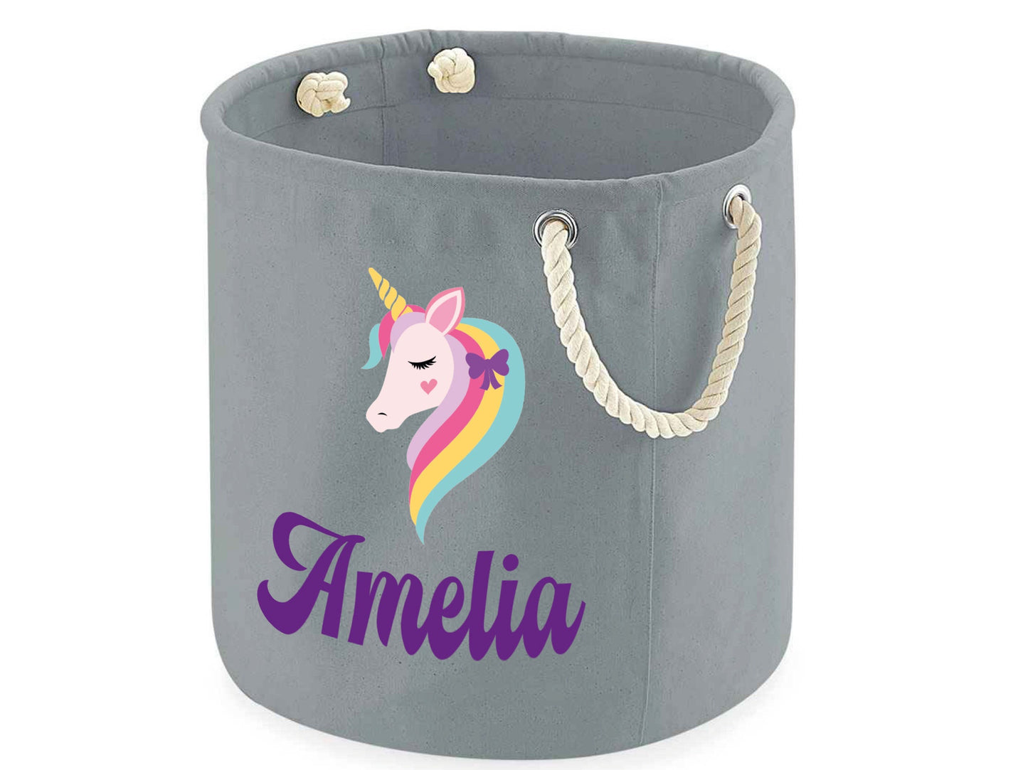 Personalised unicorn storage bags in natural and grey showing size options