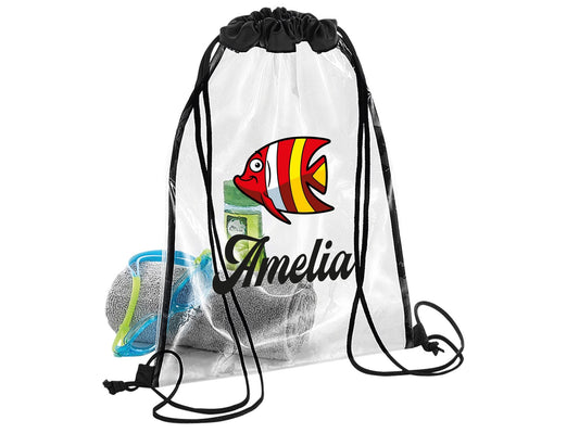 Personalised waterproof fish swimming bag with funky fish design and custom name