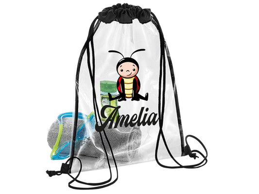 Personalised waterproof bug swimming bag with colourful bug design and custom name