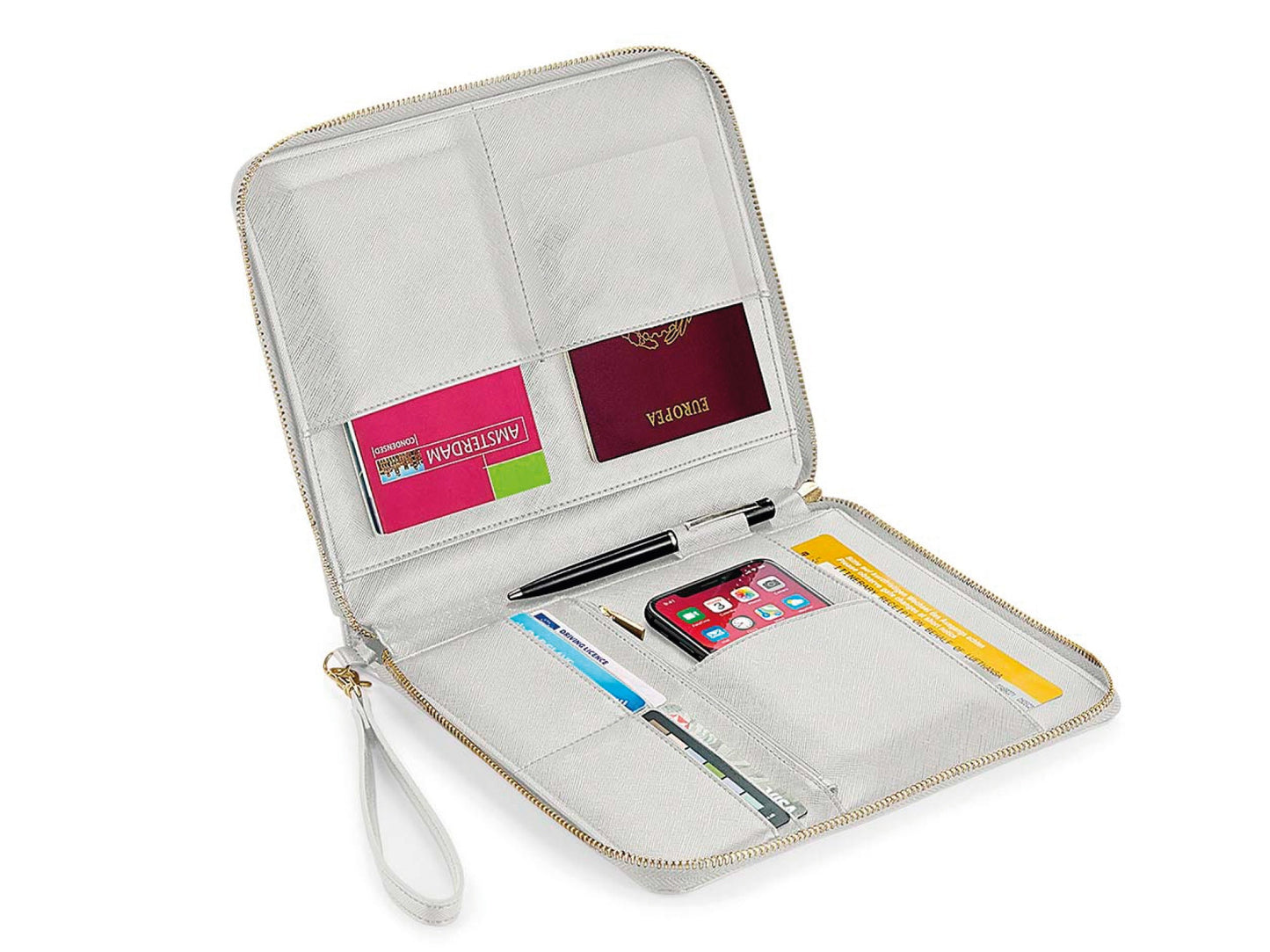 Personalised travel document organiser showing zip compartment and soft-touch lining