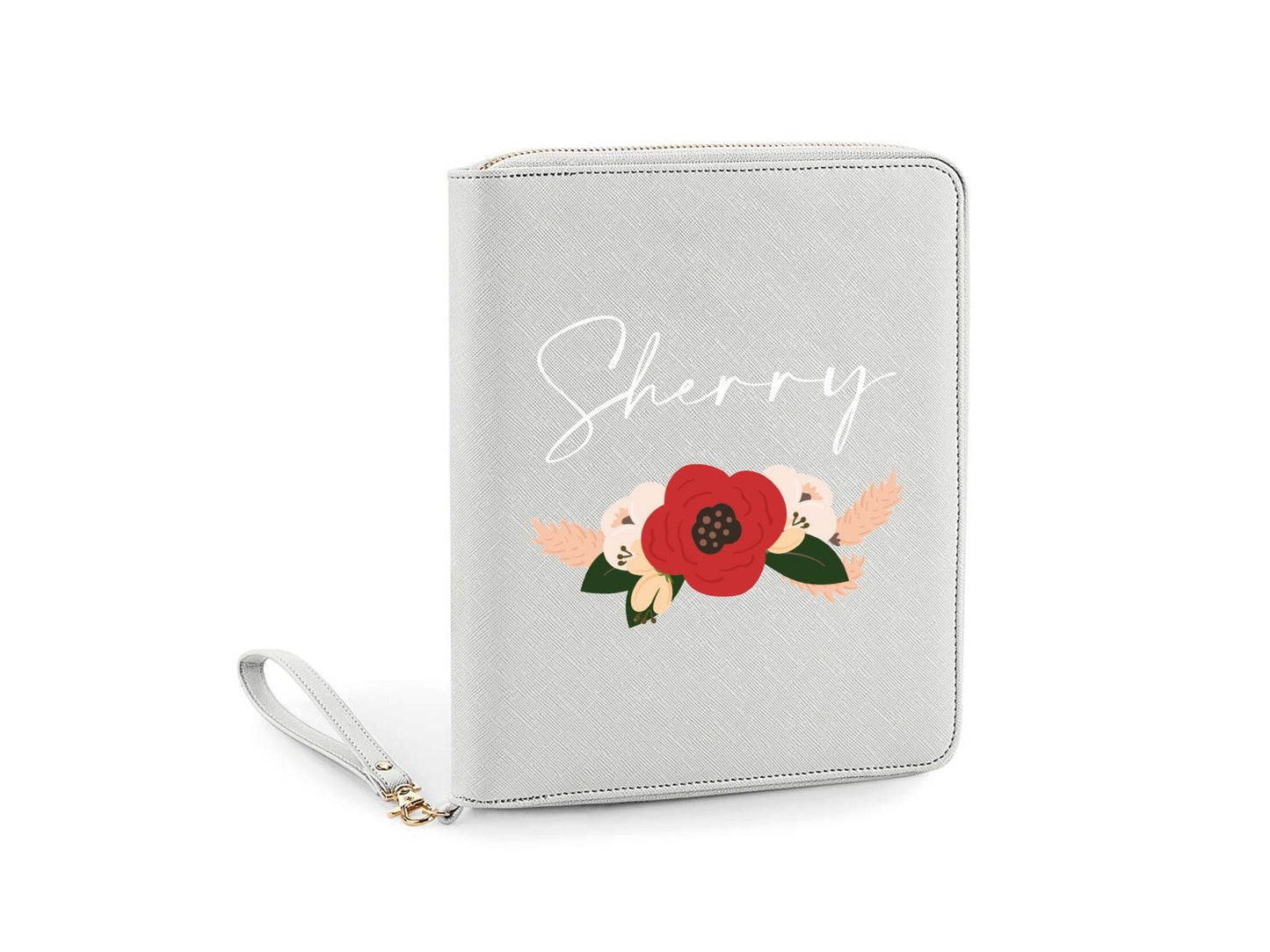 Personalised travel organisers in multiple colours showing name personalisation