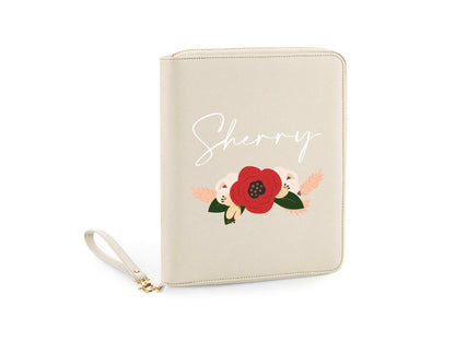 Close-up of personalised name detail on vegan leather travel organiser