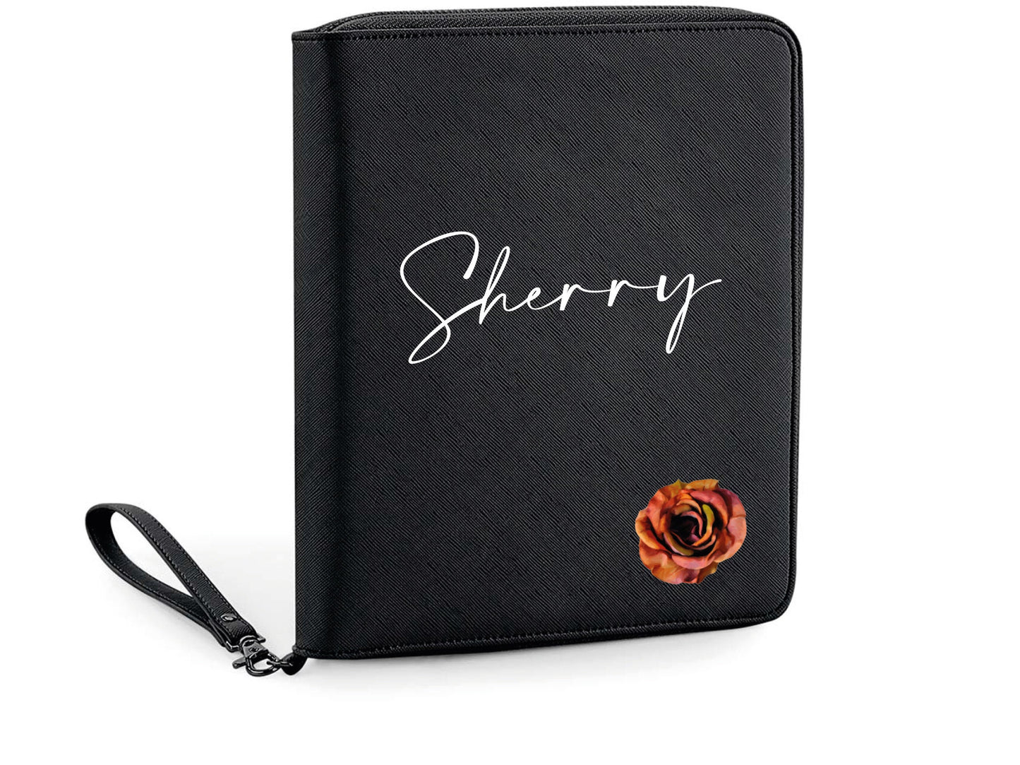 Personalised vegan leather travel organiser with custom name in Saffiano grain finish