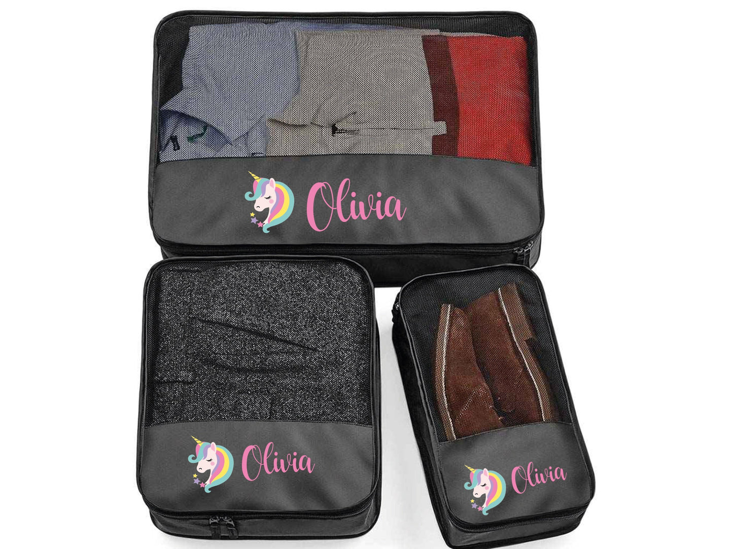 Personalised unicorn packing cubes set of 3 in small, medium and large with custom name
