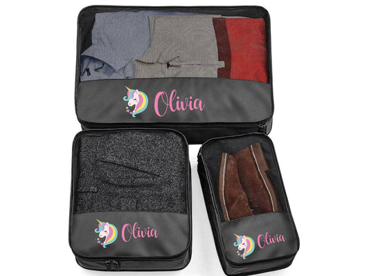 Personalised unicorn packing cubes set of 3 in small, medium and large with custom name