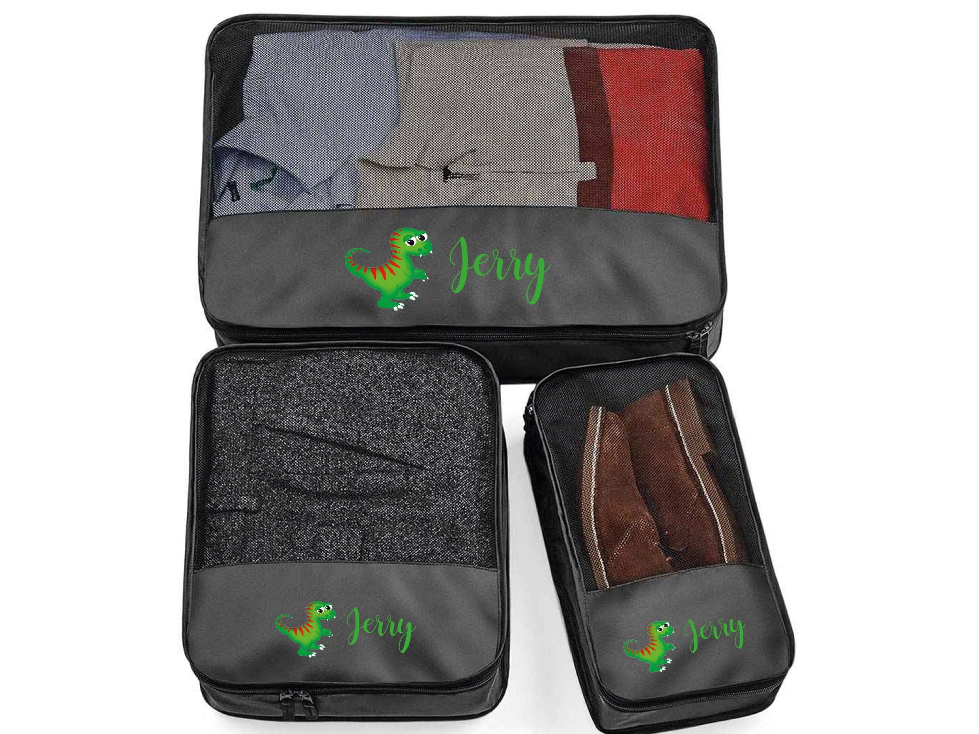 Personalised 3-piece packing cube set with custom name for organised holiday travel