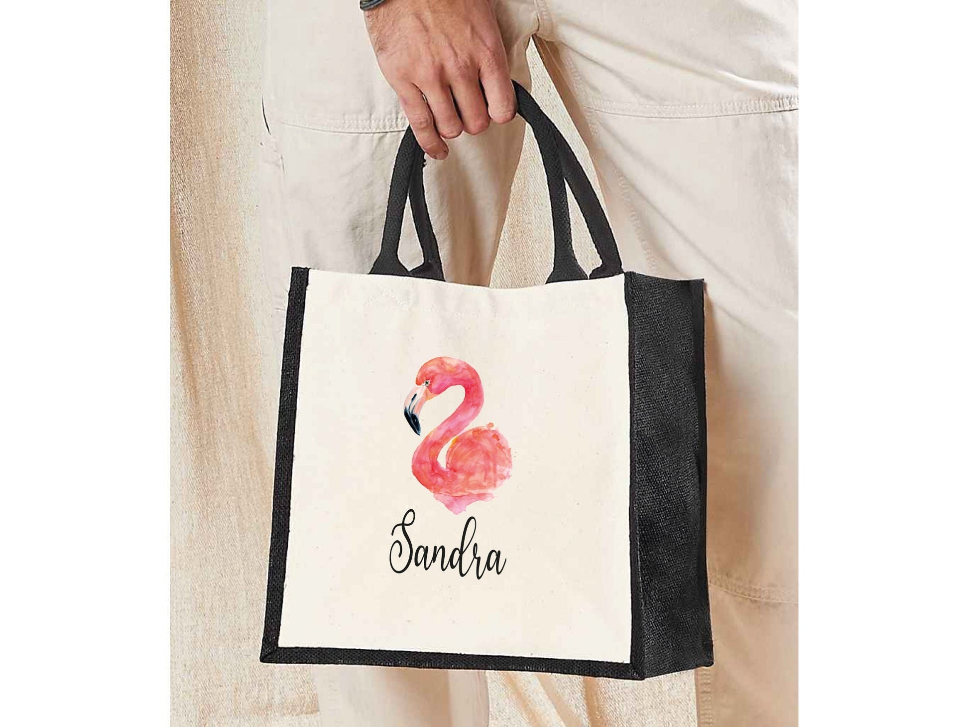 Personalised flamingo jute lunch bag with custom name and flamingo design