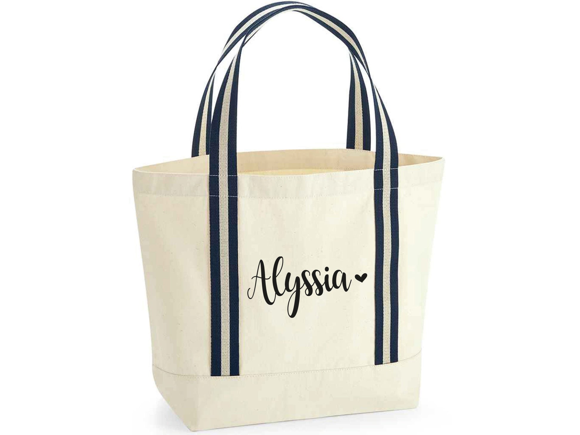 Personalised beach bag showing 19 litre capacity and cotton webbing shoulder straps