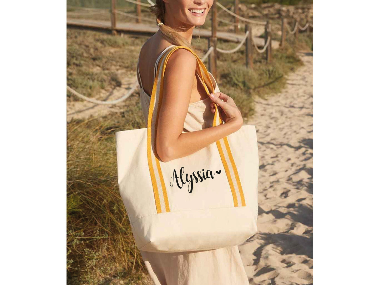 Personalised beach bag in natural with amber striped straps and custom monogram