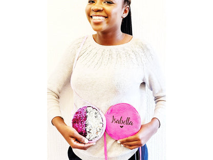 Personalised sequin crossbody bags available in multiple colours with custom name personalisation